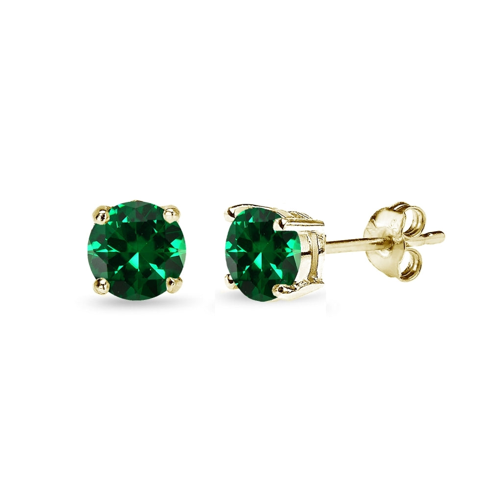 Yellow Gold Flashed Sterling Silver Simulated Emerald 5mm Round-Cut Solitaire Stud Earrings