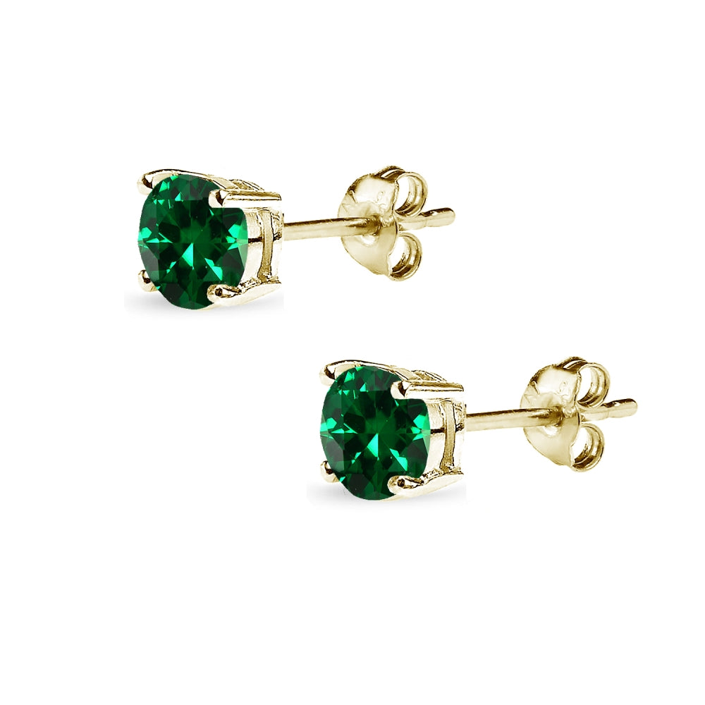 Yellow Gold Flashed Sterling Silver Simulated Emerald 5mm Round-Cut Solitaire Stud Earrings-2