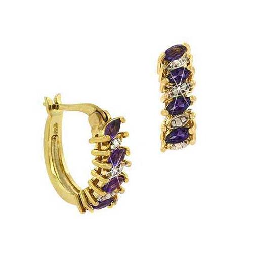 18K Gold over Sterling Silver Amethyst & Diamond Accent Hoop Earrings-2