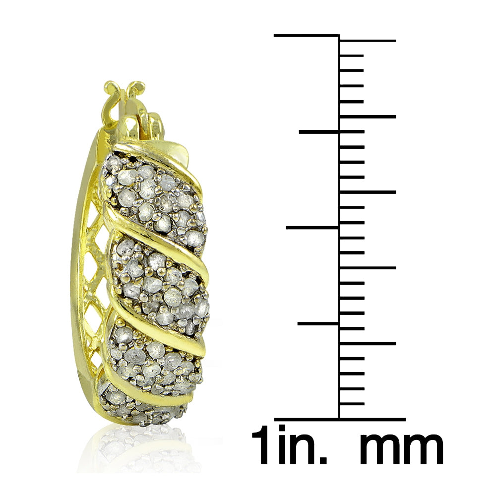 18K Gold Tone Plated 1.00ct TDW Diamond Fancy Hoop Earrings-3