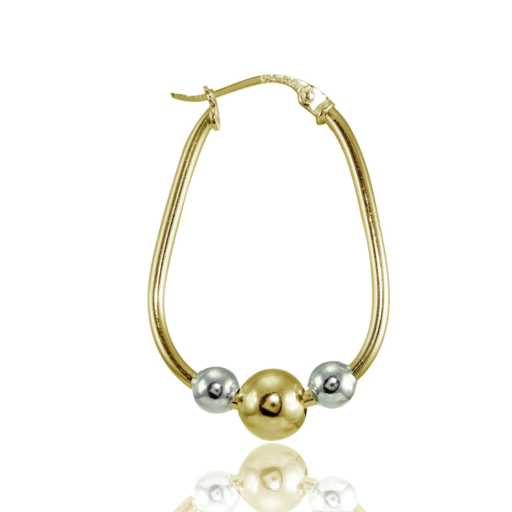 Yellow Gold Flashed Sterling Silver Two-Tone Polished Beaded  Hoop Earrings-2