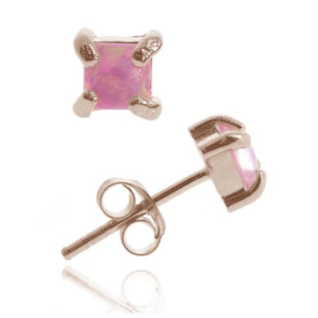 18K Rose Gold over Sterling Silver Pink Opal Square Stud Earrings, 4mm