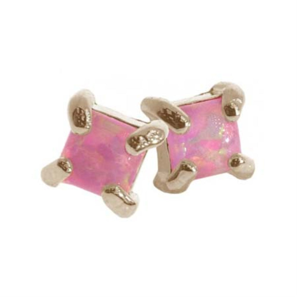18K Rose Gold over Sterling Silver Pink Opal Square Stud Earrings, 4mm-2