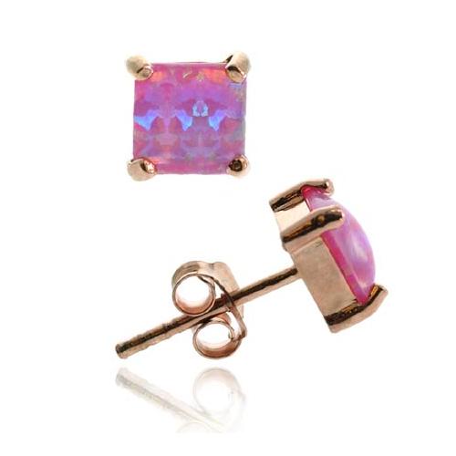18K Rose Gold over Sterling Silver Pink Opal Square Stud Earring, 6mm