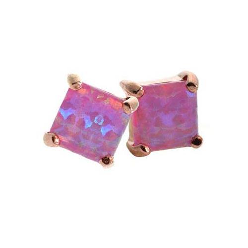 18K Rose Gold over Sterling Silver Pink Opal Square Stud Earring, 6mm-2