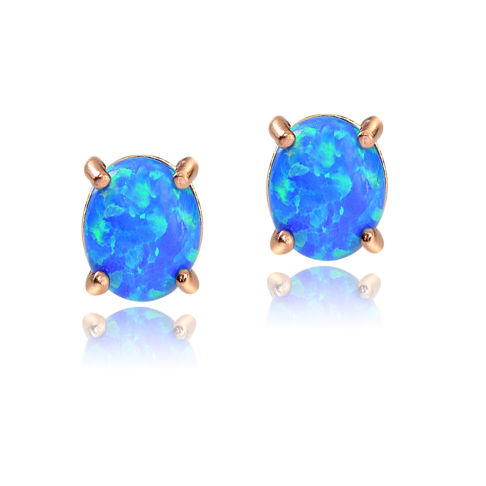 Rose Gold Tone over Sterling Silver Created Blue Opal 6x4 Oval Stud Earrings-2
