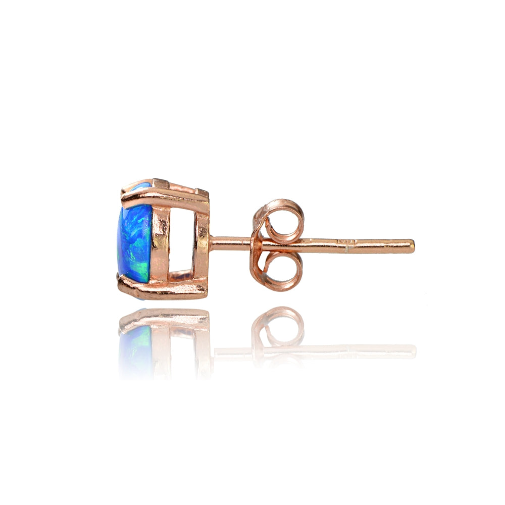 Rose Gold Tone over Sterling Silver Created Blue Opal 6x4 Oval Stud Earrings-3