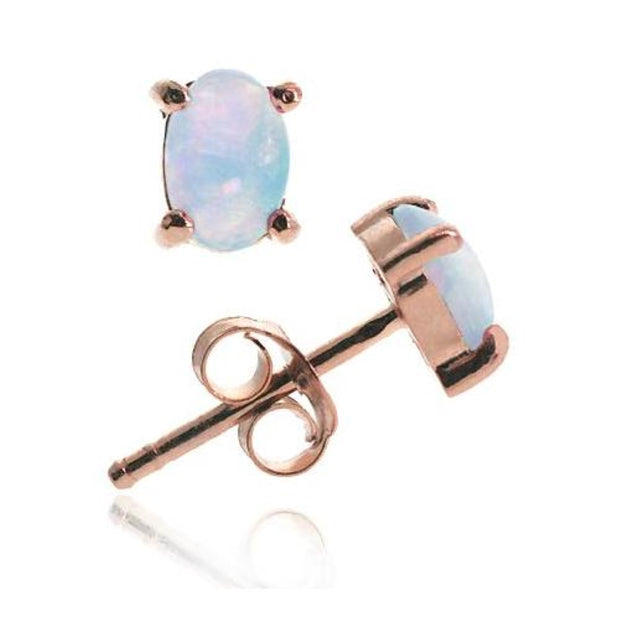 18K Rose Gold over Sterling Silver Created White Opal 6x4 Oval Stud Earrings