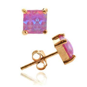 18K Rose Gold over Sterling Silver Pink Opal 5mm Square Stud Earrings