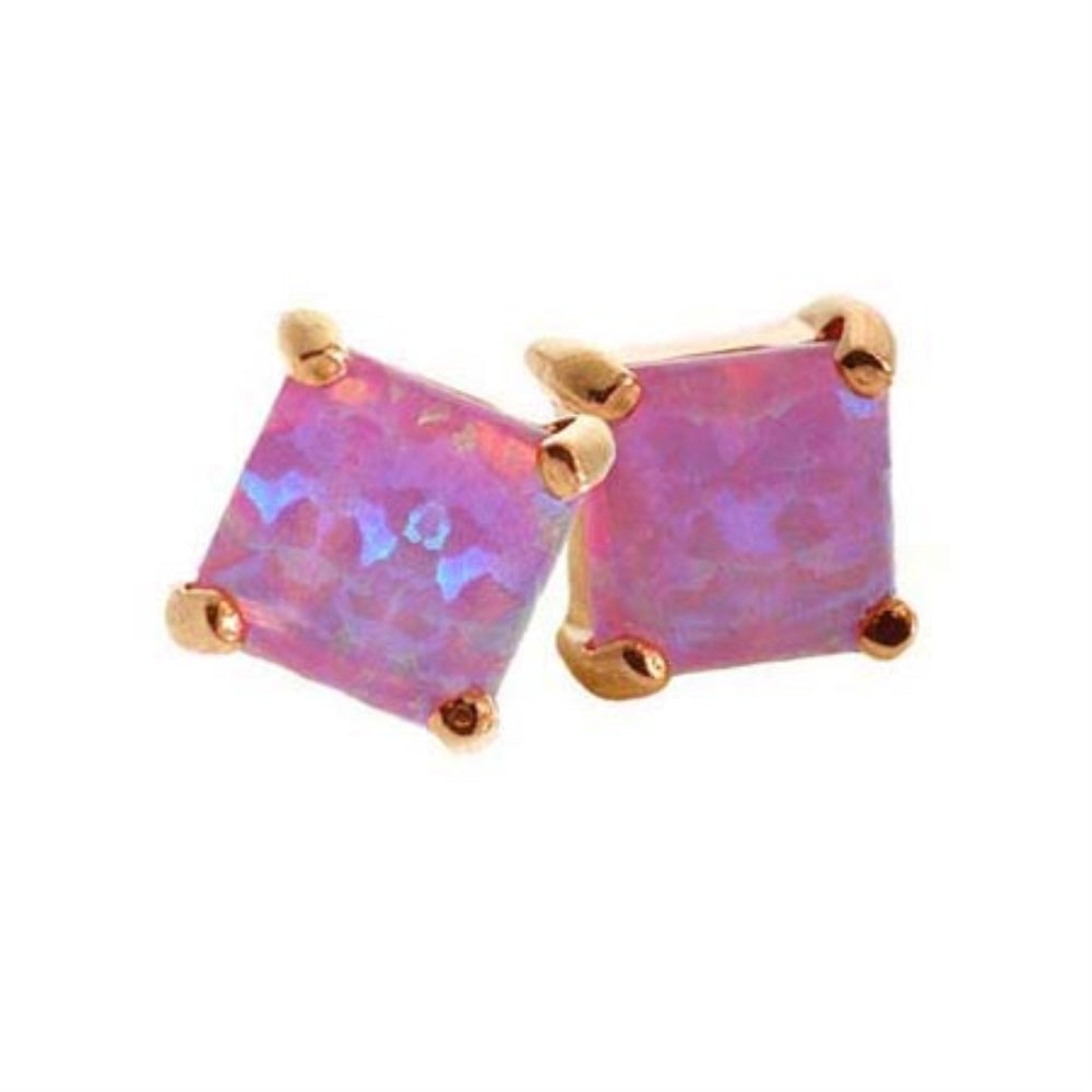 18K Rose Gold over Sterling Silver Pink Opal 5mm Square Stud Earrings-2