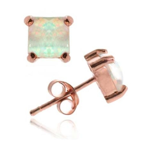 18K Rose Gold over Sterling Silver White Opal 5mm Square Stud Earrings