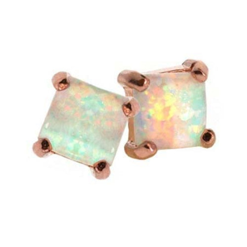 18K Rose Gold over Sterling Silver White Opal 5mm Square Stud Earrings-2