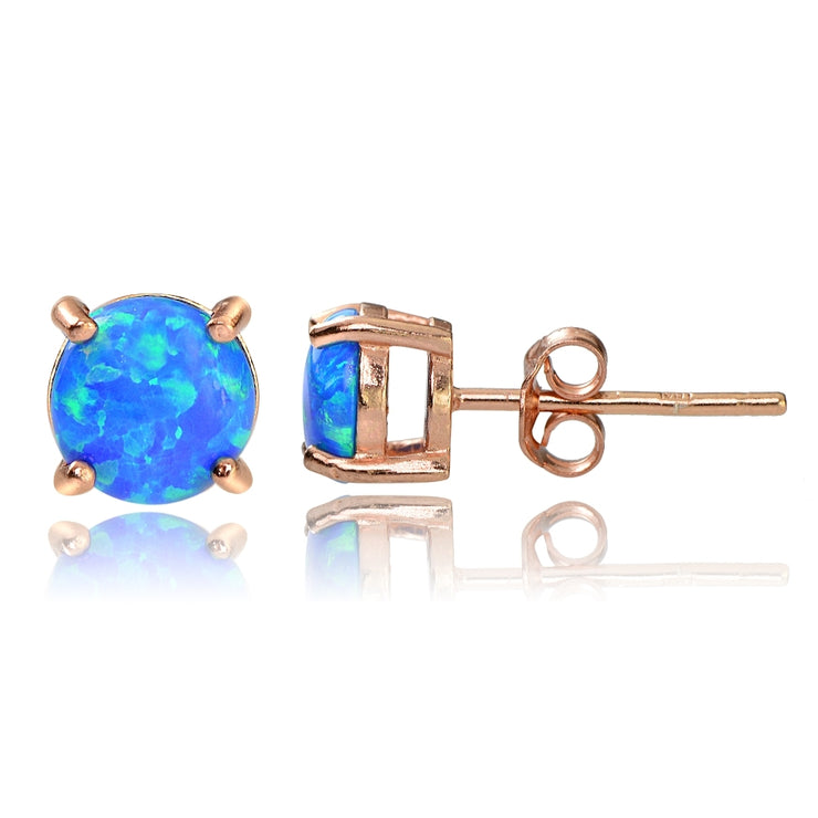 Rose Gold Tone over Sterling Silver Created Blue Opal  6mm Round Stud Earrings