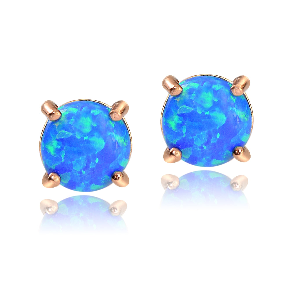 Rose Gold Tone over Sterling Silver Created Blue Opal  6mm Round Stud Earrings-2