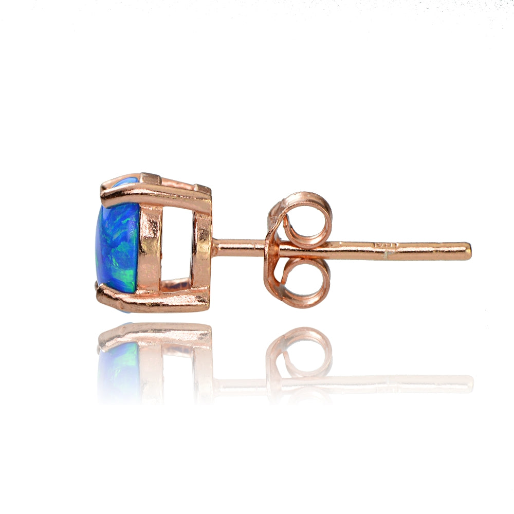 Rose Gold Tone over Sterling Silver Created Blue Opal  6mm Round Stud Earrings-3