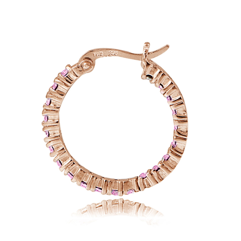 Rose Gold Flash Sterling Silver Pink Cubic Zirconia 3mm Round Hoop Earrings, 20mm-2