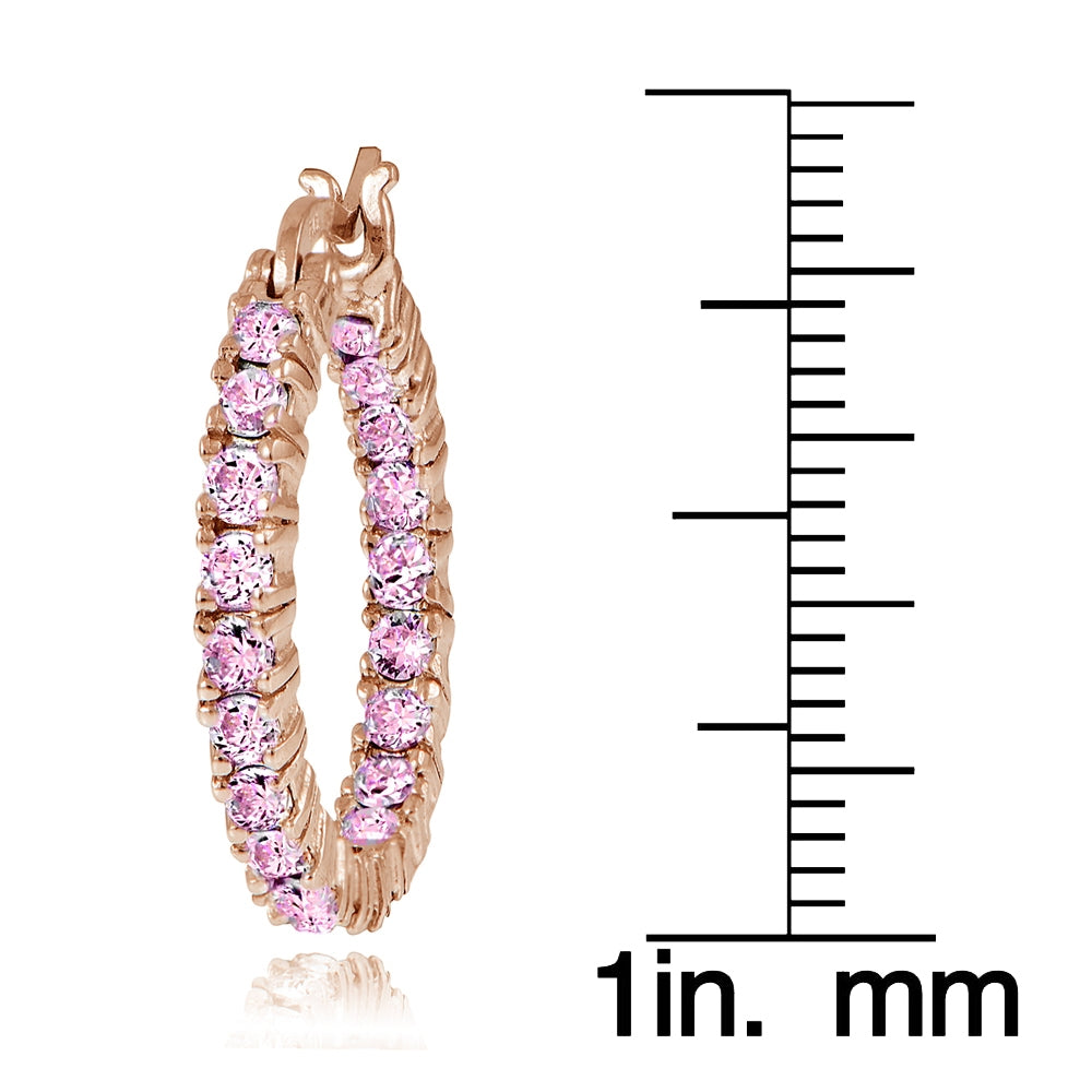 Rose Gold Flash Sterling Silver Pink Cubic Zirconia 3mm Round Hoop Earrings, 20mm-3