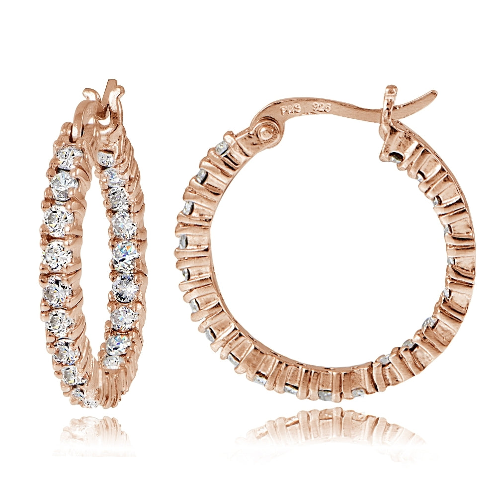 Rose Gold Tone over Sterling Silver Cubic Zirconia 3mm Round Hoop Earrings, 20mm