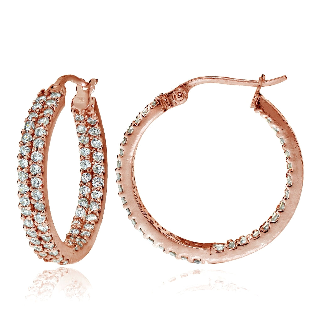 Rose Gold Flash Sterling Silver Cubic Zirconia 3x20mm Two Row Inside-Out Hoop Earrings