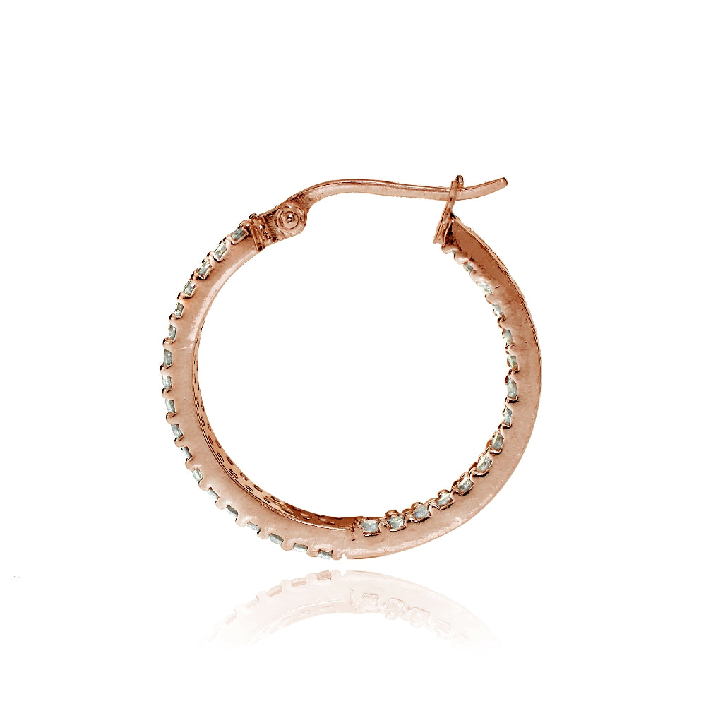 Rose Gold Flash Sterling Silver Cubic Zirconia 3x20mm Two Row Inside-Out Hoop Earrings-2