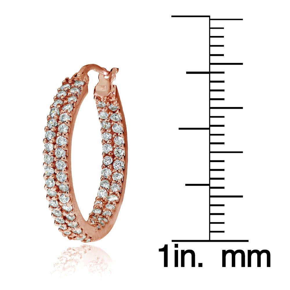 Rose Gold Flash Sterling Silver Cubic Zirconia 3x20mm Two Row Inside-Out Hoop Earrings-3