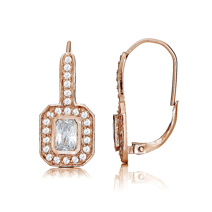 Rose Gold Flashed Sterling Silver Cubic Zirconia Rectangle Leverback Earrings