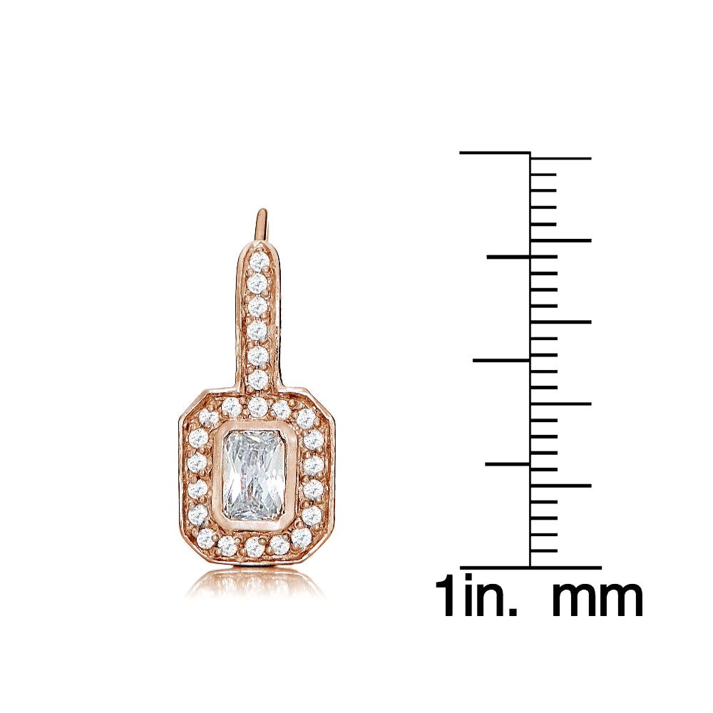 Rose Gold Flashed Sterling Silver Cubic Zirconia Rectangle Leverback Earrings-3