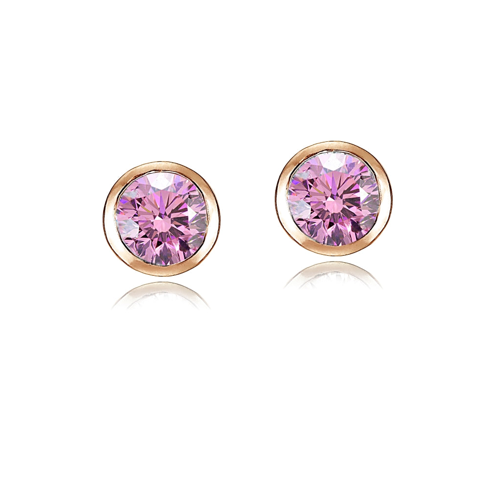 Rose Gold Tone Over Sterling Silver Pink Cubic Zirconia Bezel Martini Set Stud Earrings-2