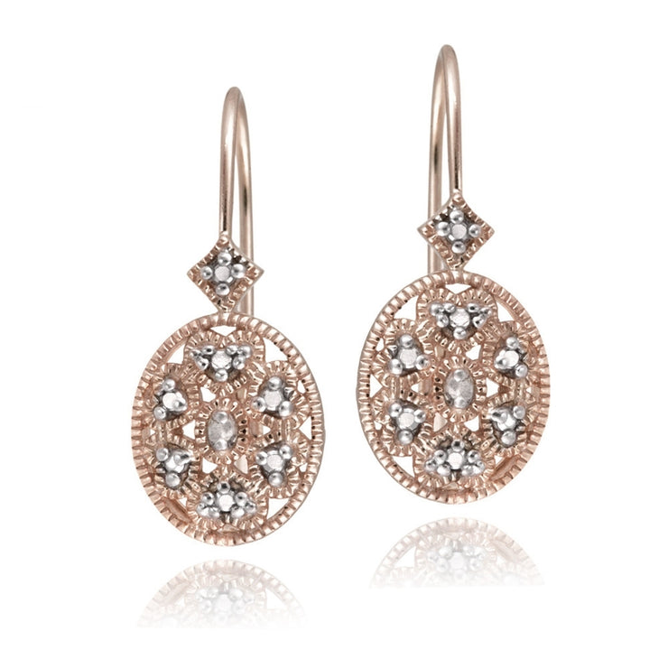 Rose Gold Flashed Sterling Silver Oval Filigree Diamond Accent Leverback Drop Earrings, JK-I3