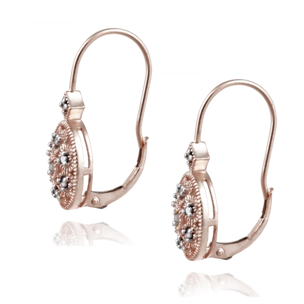 Rose Gold Flashed Sterling Silver Oval Filigree Diamond Accent Leverback Drop Earrings, JK-I3-2