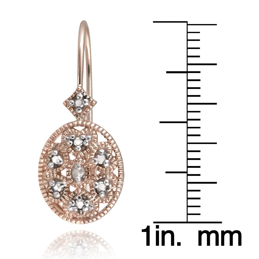 Rose Gold Flashed Sterling Silver Oval Filigree Diamond Accent Leverback Drop Earrings, JK-I3-3