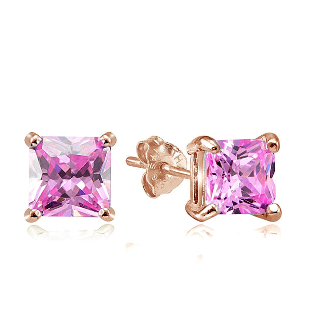Rose Gold Tone over Sterling Silver 6ct Light Pink Cubic Zirconia 8mm Square Stud Earrings