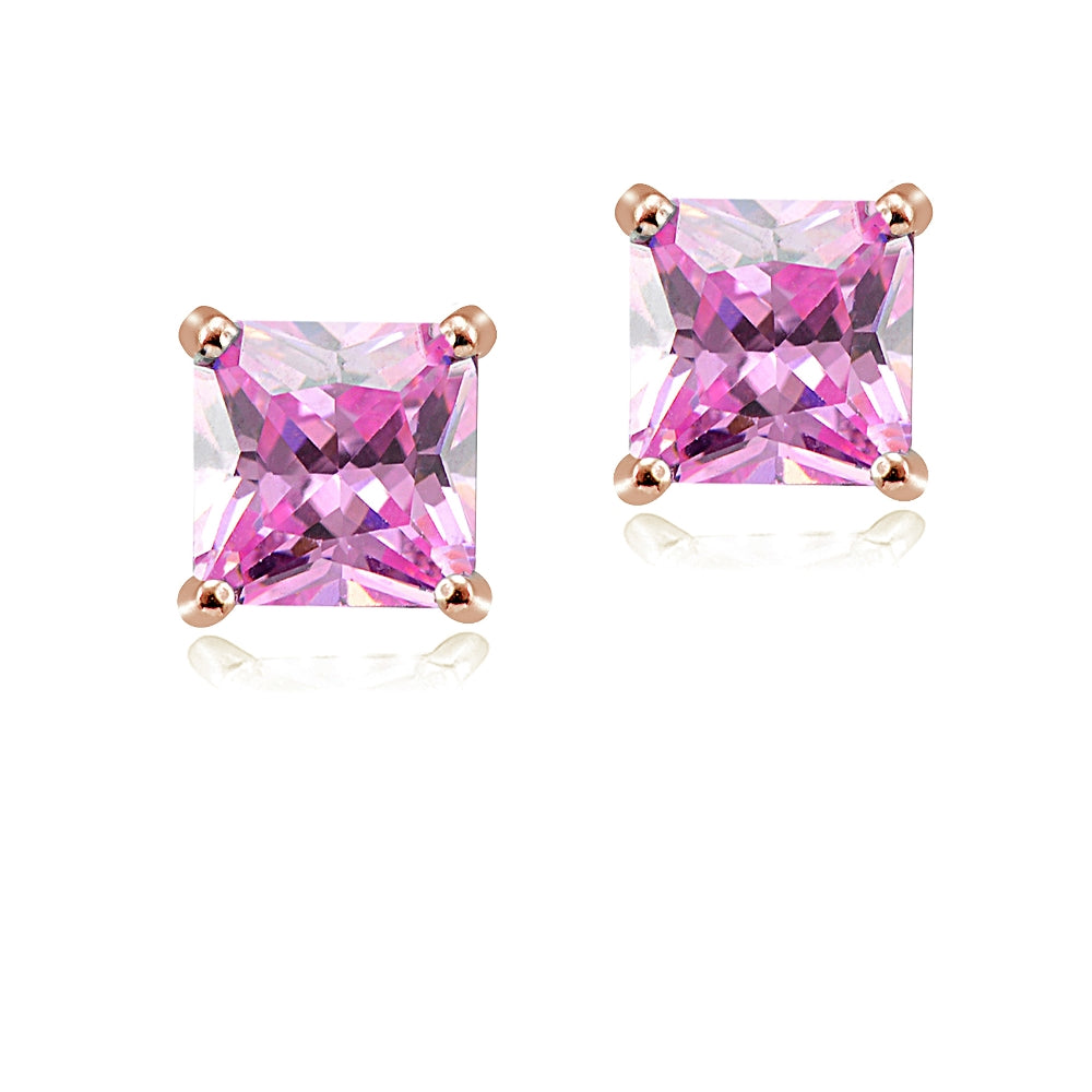 Rose Gold Tone over Sterling Silver 6ct Light Pink Cubic Zirconia 8mm Square Stud Earrings-2