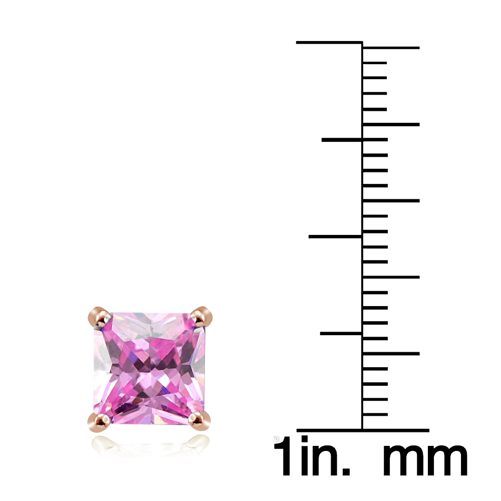 Rose Gold Tone over Sterling Silver 6ct Light Pink Cubic Zirconia 8mm Square Stud Earrings-3