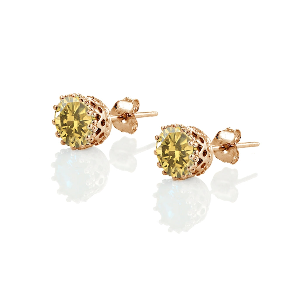 Rose Gold Flashed Sterling Silver Citrine Crown Stud Earrings-2