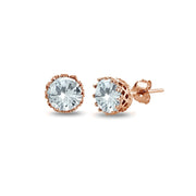 Rose Gold Flashed Sterling Silver Created Aquamarine Crown Stud Earrings