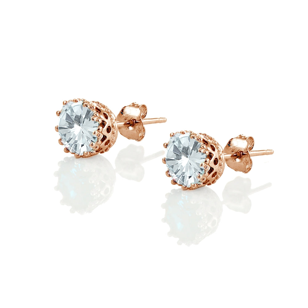 Rose Gold Flashed Sterling Silver Created Aquamarine Crown Stud Earrings-2