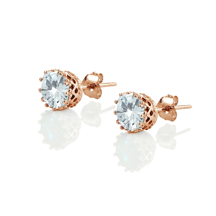 Rose Gold Flashed Sterling Silver Created Aquamarine Crown Stud Earrings