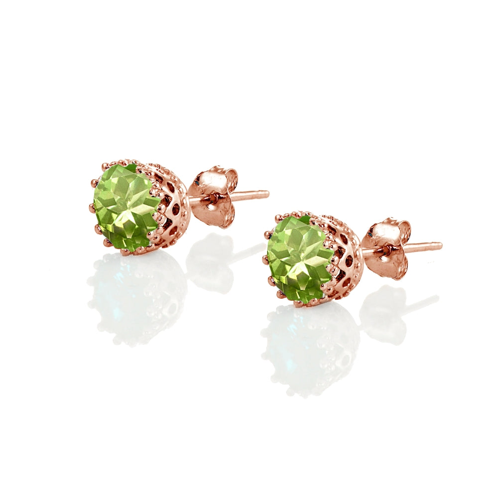 Rose Gold Flashed Sterling Silver Created Peridot Crown Stud Earrings-2
