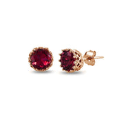 Rose Gold Flashed Sterling Silver Created Ruby Crown Stud Earrings