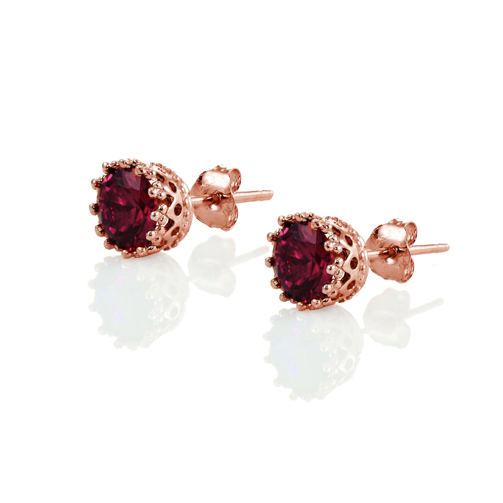 Rose Gold Flashed Sterling Silver Created Ruby Crown Stud Earrings-2
