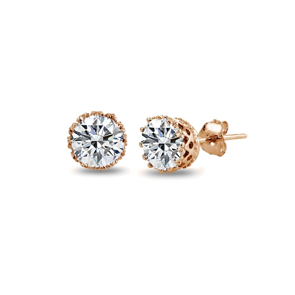 Rose Gold Flashed Sterling Silver Cubic Zirconia Crown Stud Earrings