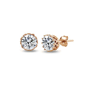Rose Gold Flashed Sterling Silver Cubic Zirconia Crown Stud Earrings