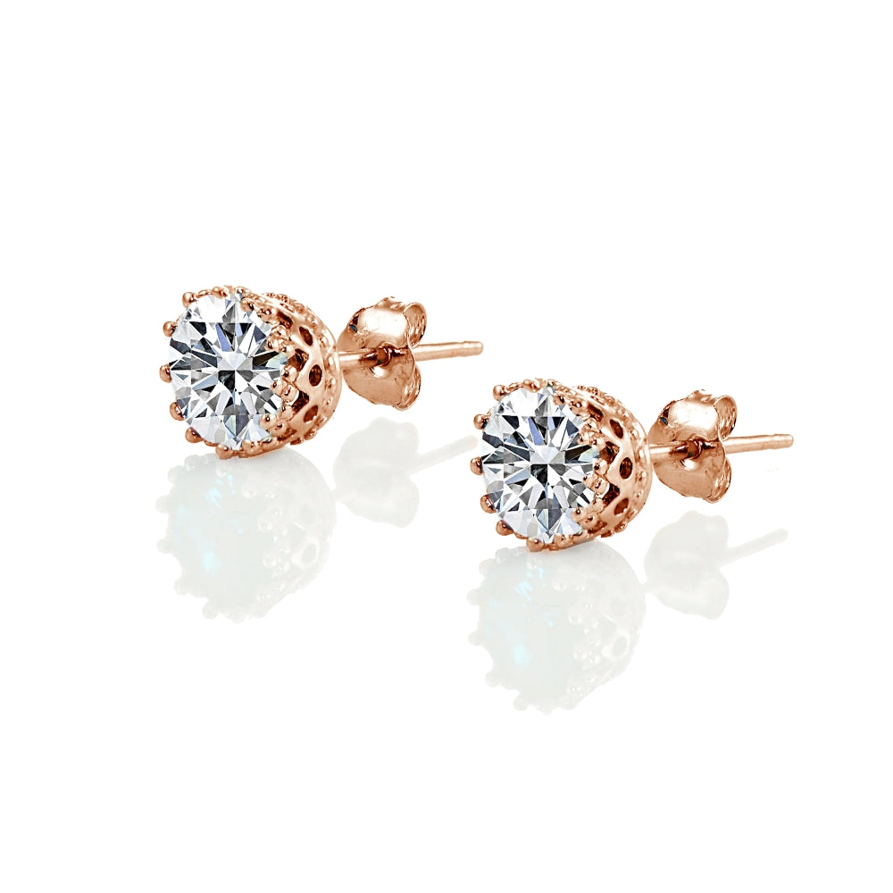 Rose Gold Flashed Sterling Silver Cubic Zirconia Crown Stud Earrings-2