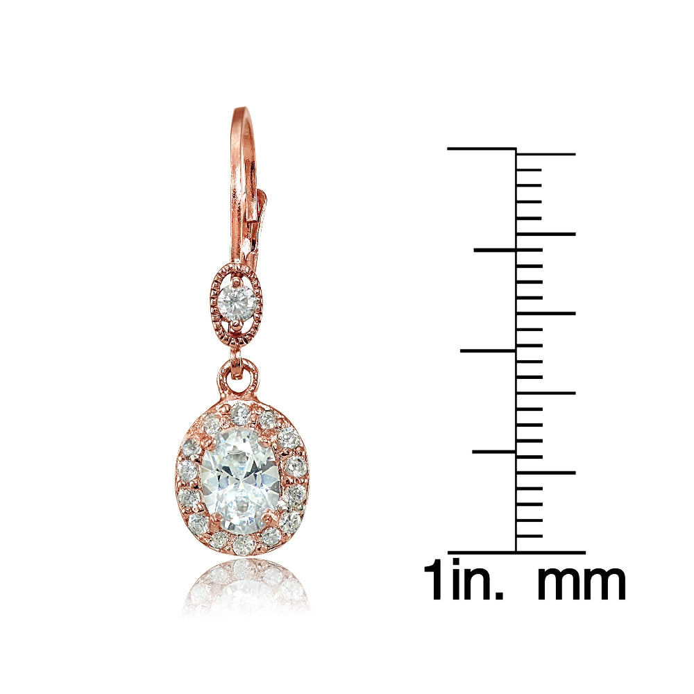 Rose Gold Flashed Sterling Silver Cubic Zirconia Oval Dangle Leverback Earrings-3