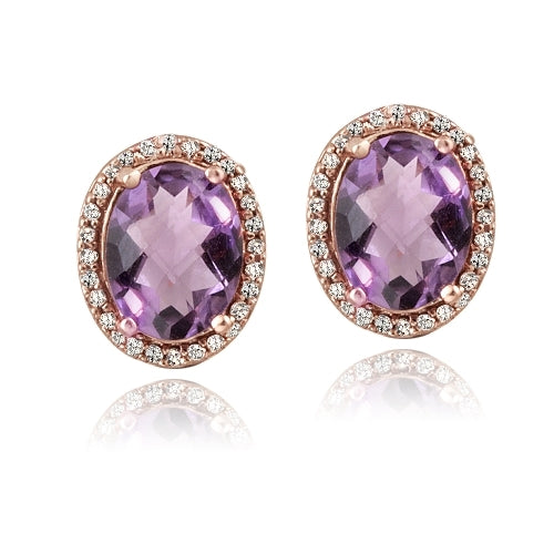 Rose Gold Tone over Silver 3.5ct Amethyst & White Topaz Oval Stud Earrings