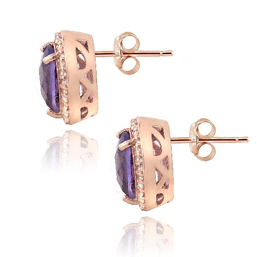 Rose Gold Tone over Silver 3.5ct Amethyst & White Topaz Oval Stud Earrings-2