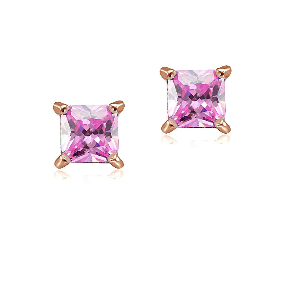 Rose Gold Tone over Sterling Silver 1/3ct Light Pink Cubic Zirconia 3mm Square Stud Earrings-2