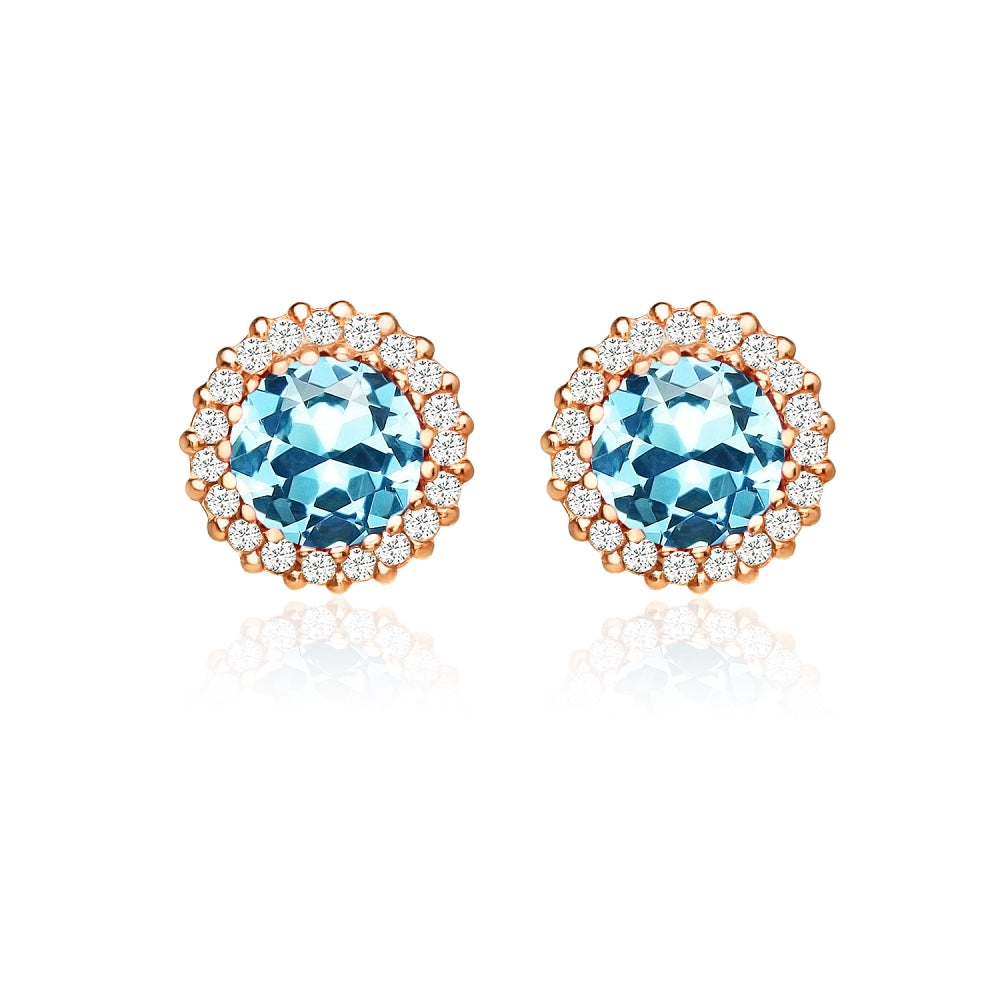 Rose Gold Flashed Sterling Silver Created Aquamarine and Cubic Zirconia Round Halo Stud Earrings-2
