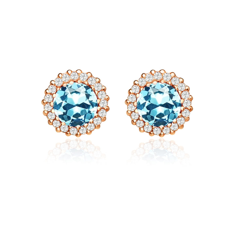 Rose Gold Flashed Sterling Silver Created Aquamarine and Cubic Zirconia Round Halo Stud Earrings